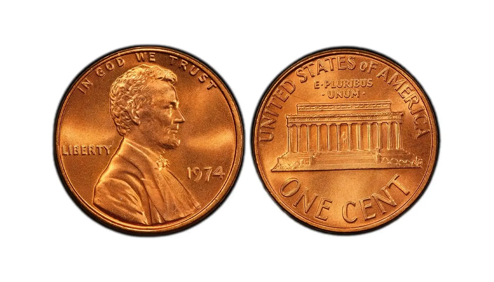 1974 Lincoln Memorial cent obverse and reverse, showing Lincoln portrait and mint mark detail
