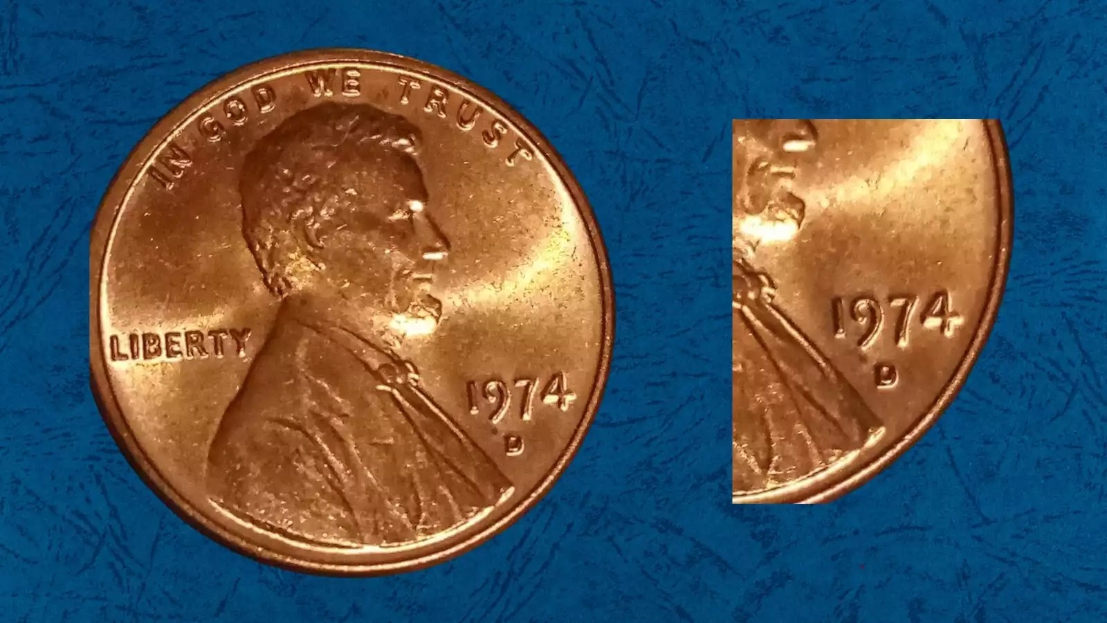 1974-D RPM FS-501 repunched mint mark showing counter-clockwise secondary D impression visible at top-left of primary mintmark