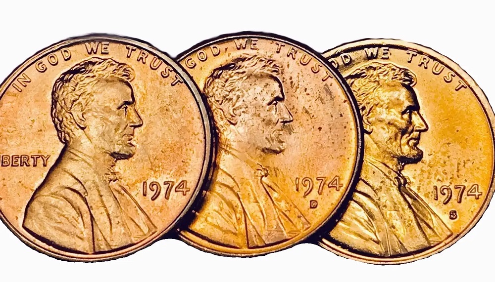 Group photograph of 1974 Lincoln Memorial cents from all three mints: Philadelphia (no mint mark), Denver (D), and San Francisco (S)
