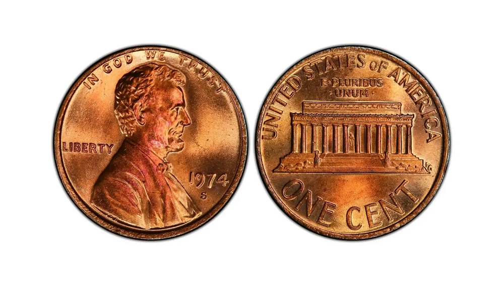 1974 Lincoln penny grading strip showing four condition tiers side by side: worn, fine-AU, uncirculated MS63, and gem MS65 with full red luster